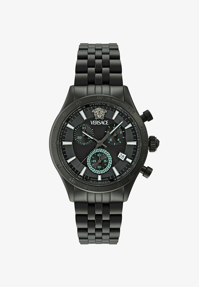 Relógio cronógrafo em metal negro com uma bracelete texturizada, mostrador redondo e logótipo da Versace. Apresenta detalhes em verde, um mostrador secundário estampado e exibição da data.