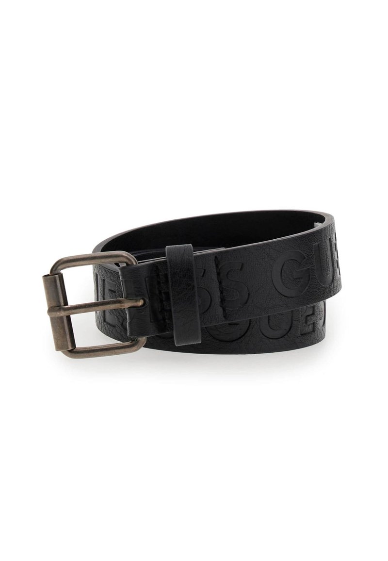 Cintura in pelle nera con logo impresso, dotata di una fibbia in metallo spazzolato e una texture liscia, design arrotolato per una vestibilità regolabile.