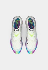 White athletic shoes with a tie-dye pattern in pink, blue, and green. Features a textured upper and neon accents. Laces are light yellow.