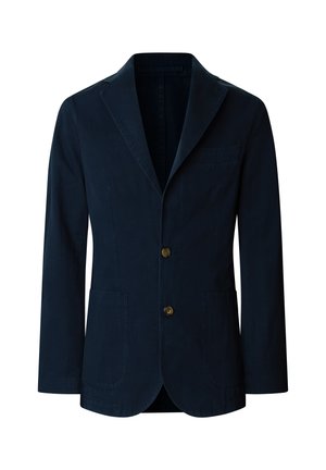 Navy blue men's blazer with two brown buttons, notch lapels, and two front patch pockets, displayed on a white background.