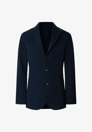 Navy blue men's blazer with two brown buttons, notch lapels, and two front patch pockets, displayed on a white background.