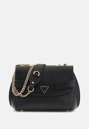 Borsa nera testurizzata con tracolla a catena, caratterizzata da un logo triangolare, una chiusura a patta e due tasche frontali per riporre oggetti.