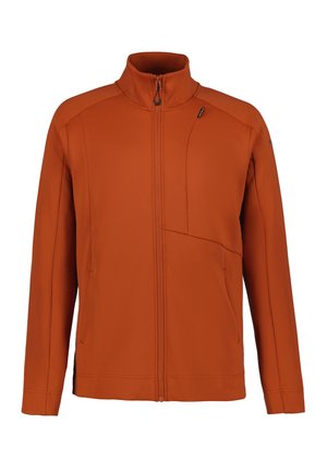 Langärmlige, orangefarbene Reißverschlussjacke mit hohem Kragen und zwei Fronttaschen, auf weißem Hintergrund dargestellt.