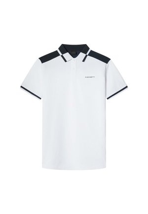 Weißes Poloshirt mit marineblauen Akzenten an Schultern und Ärmeln. Verfügt über einen Kragen mit zwei Knöpfen und ein kleines "HACKETT"-Logo auf der Brust.