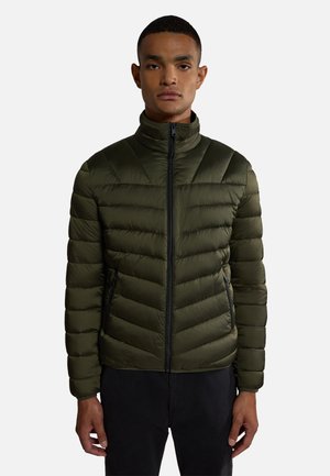 Olive green puffer jacket with a high collar, horizontal stitching, front zip, and side pockets. Lightweight fabric with a smooth finish.