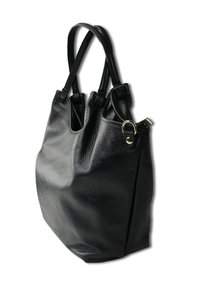 Zwarte leren tote bag met een gestructureerd oppervlak, dubbele bovenhandgrepen en gouden hardware-accent. Slanke vorm, iets slappe uitstraling.