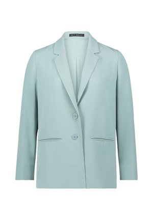 Lichtblauw damesblazer met inkeping revers, twee knopen aan de voorkant en steekzakken, gelabeld Betty Barclay.