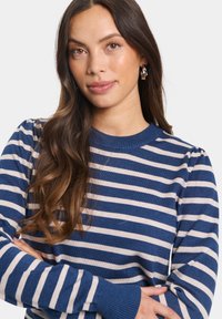 Juostuotas megztinis tamsiai mėlynos ir grietinėlės spalvų. Suapvalintas kaklas, gumbuoti rankogaliai ir minkšta tekstūra. Artimas kadras ant peties ir rankų.