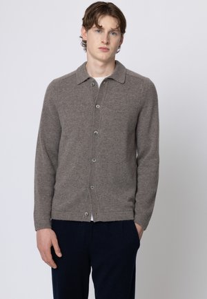 Giovane uomo dalla pelle chiara e capelli castani che indossa un cardigan grigio con bottoni sopra una camicia bianca e pantaloni scuri, in piedi con una mano in tasca.