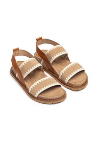 Sandali in pelle marrone e tela beige caratterizzati da motivi a zigzag, due fasce larghe, una soletta testurizzata e una suola resistente.