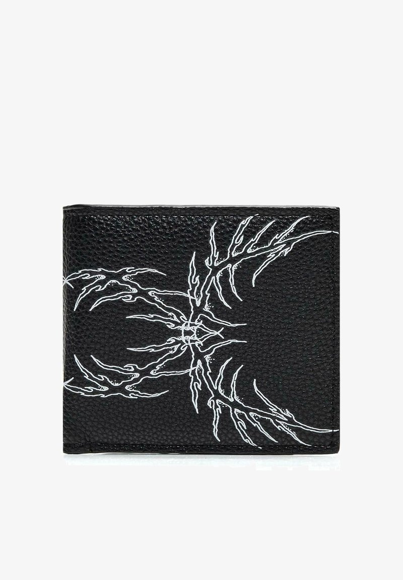 Portefeuille en cuir noir texturé avec un design abstrait symétrique en lignes blanches ressemblant à des branches ou des bois entrelacés sur le devant.