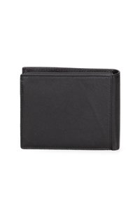 Portafoglio bifold nero in pelle; texture liscia con dettagli di cucitura e forma rettangolare compatta. Nessun hardware o motivo visibile.