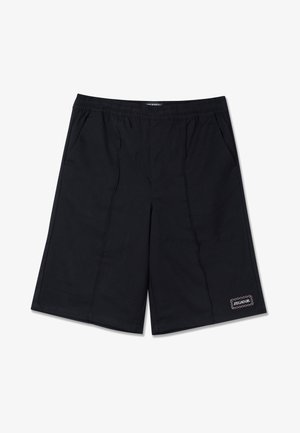Black shorts made of lightweight fabric, featuring an elastic waistband, side pockets, and a small decorative logo on the lower right.