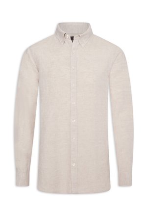 Lichtbeige lange mouw knoopshirt van linnen. Heeft een klassieke kraag, volledige knoopsluiting aan de voorkant en geborduurde mouwen.