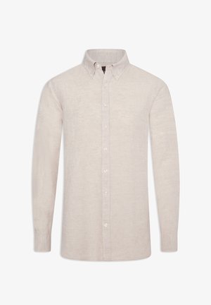 Chemise à manches longues beige clair en lin. Dispose d'un col classique, d'une fermeture à boutons sur toute la longueur et de manches à poignets.