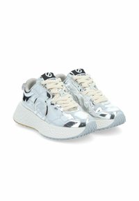 Silver metallic sneakers with mesh and synthetic upper, featuring cream laces, textured white midsole, and logo on a black tongue.
