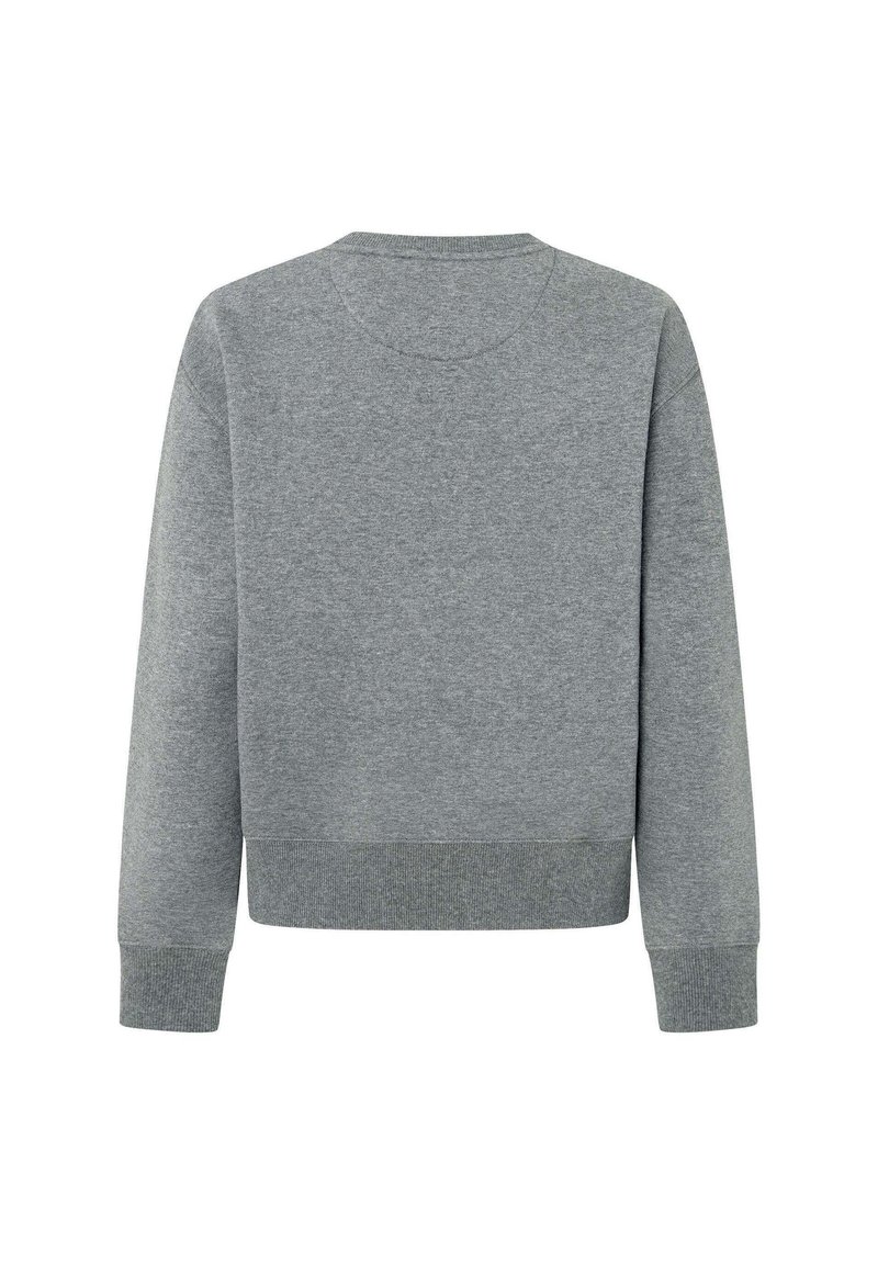 Sudadera gris con un escote redondeado, mangas largas y un dobladillo acanalado. Textura suave, diseño sencillo y sin patrones ni elementos metálicos visibles.