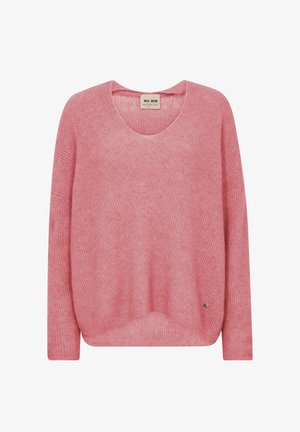 Rozā adīts džemperis ar garām piedurknēm, V veida kakla izgriezumu un nedaudz apaļu apakšmalu, pie apakšējās malas ar mazu metāla logotipa uzlīmi.