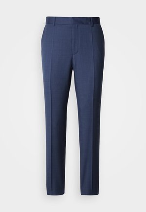 Navy blue tailored trousers made from smooth fabric, featuring a flat front, belt loops, and pressed creases for a clean look.