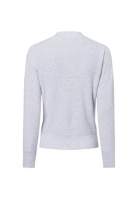Lichtgrijze sweater met lange mouwen, geribbelde manchetten en onderkant, met een zachte textuur en een eenvoudig ontwerp. De achterkant toont een V-hals. 