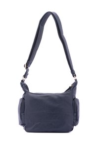 Borsa a tracolla in pelle blu scuro con finitura testurizzata, tracolla regolabile e due tasche laterali con cerniera. Forma rettangolare compatta.