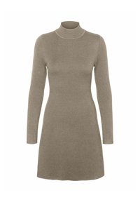 Abito lavorato a maglia in un beige tenue, con collo alto, maniche lunghe, corpetto aderente e gonna svasata, dal tessuto morbido.