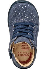 Navy suede boot with silver glitter accents, round toe, lace closure, cushioned insole, and blue rubber sole. Geox branding inside.