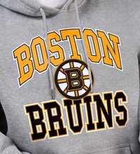 Grauer Kapuzenpullover mit fettem gelben und schwarzen "BOSTON BRUINS" Schriftzug. Das zentrale Logo zeigt einen schwarzen und gelben Kreis mit dem Buchstaben "B."