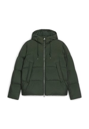 Dark green puffer jacket with a hood, featuring a front zipper, adjustable drawstrings, and side pockets with a quilted texture.
