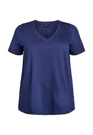 T-shirt blu navy a maniche corte con scollo a V, realizzato in tessuto morbido, caratterizzato da una vestibilità comoda e dettagli di cucitura discreti.