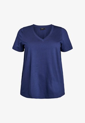 Tumed sinine, lühikeste varrukatega t-särk V-kujuline kaelus, pehmest kangast, lõ relaxed ja diskreetsete õmblusdetailidega.