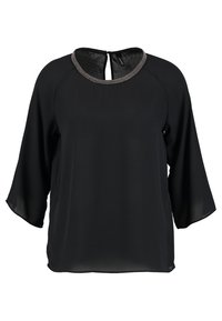 Schwarze Bluse aus leichtem Stoff, mit einem runden Ausschnitt mit strukturiertem Besatz und Dreiviertelärmeln. Schlüsselverschluss am Rücken.