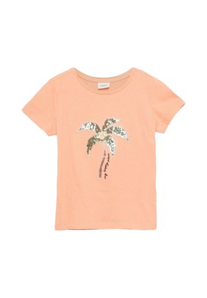 Licht perzikkleurig T-shirt met korte mouwen, pailletten palmboom ontwerp en zwarte tekst "my happy place" middenvoor.