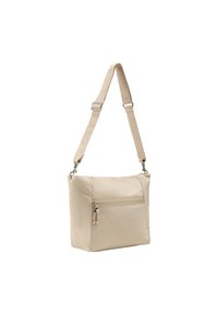 Borsa a spalla beige in nylon liscio, con tasca anteriore con zip e tracolla regolabile con parti in metallo. Design rettangolare semplice.