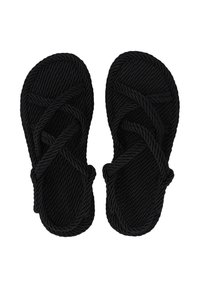 Zwarte touwsandalen met een geweven ontwerp, gekruiste banden en een gestructureerde voetbed. Platte zool met ronde randen.