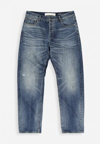 Dunkelblaue Denim-Jeans mit geradem Schnitt, leichter Ausbleichung und abgenutzten Details. Fünf-Taschen-Design mit Knopfverschluss.