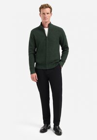 Groene ritsgekwijlde trui met een textuurpatroon, geribde mouwen en zoom, gecombineerd met zwarte broek en zwarte schoenen, staand model.