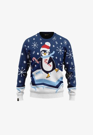 Blauer und weißer gestrickter Pullover mit einem Pinguin in einem roten Hut, der auf einer Eisfläche Schlittschuh läuft, umgeben von Schneeflocken und Zuckerstangenmustern.