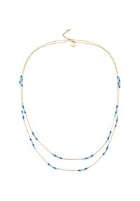 Collana d'oro con due fili, caratterizzata da una sequenza alternata di perle rotonde in tonalità di blu, turchese e blu scuro per un effetto a strati.