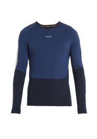 Long-sleeve shirt in navy and light blue cotton blend. Features contrasting dark blue sleeves, round neck, and logo on the chest.