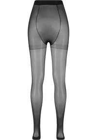 Collant neri opachi con vita alta, texture liscia, punta rinforzata e una leggera lucentezza, progettati per un look aderente e confortevole.