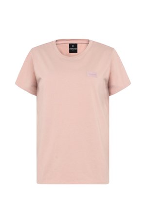 Hellrosa T-Shirt aus weicher Baumwolle, mit Rundhalsausschnitt, kurzen Ärmeln und einem kleinen Logo-Patch vorne.