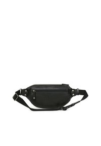 Marsupio in pelle nera con una forma curva, dotato di una tasca frontale con cerniera, hardware robusto e una cinghia regolabile per una vestibilità sicura.