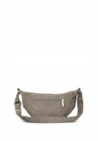 Bolso de pana gris con forma curva, correa ajustable y un bolsillo con cremallera en el frente. Superficie texturizada con detalles de costillas horizontales.