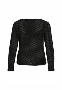 Maglione nero con maniche lunghe, texture a maglia aperta e scollatura quadrata. Presenta un motivo a rombi su tutta la stoffa.