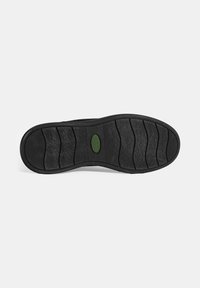 Black shoe sole with textured rubber, featuring horizontal grooves and a central green accent. Designed for traction and durability.