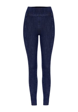 Dunkelblaue, hochgeschnittene Jeggings aus Denim-Material, mit einem dehnbaren Design, schlanker Passform und ohne sichtbare Taschen oder Beschläge.