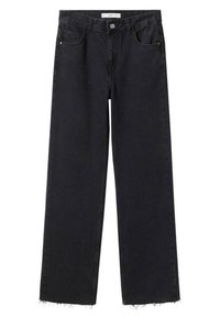 Jean en denim noir à taille haute et coupe jambes larges. Ourlets bruts et design classique à cinq poches. Fermeture à bouton et zip à l'avant.