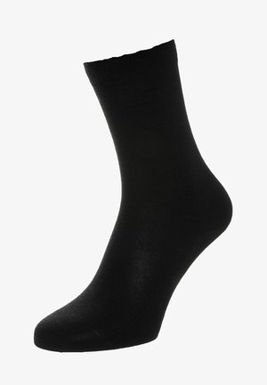 Sosete negre pentru gleznă, realizate dintr-un material neted și elastic; au un design simplu, uni și un manșon ușor ondulat.
