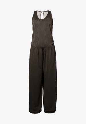 Haut sans manches noir avec une texture lisse, associé à un pantalon large taille haute ample, le tout dans une tonalité sombre assortie.